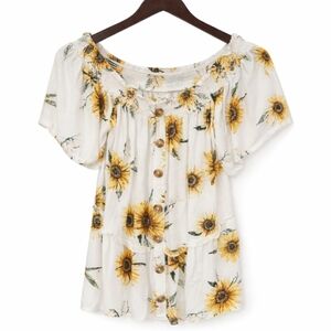 Maurice White Sunflower Smocked Elastic Neckline Viscose Top Sz Med